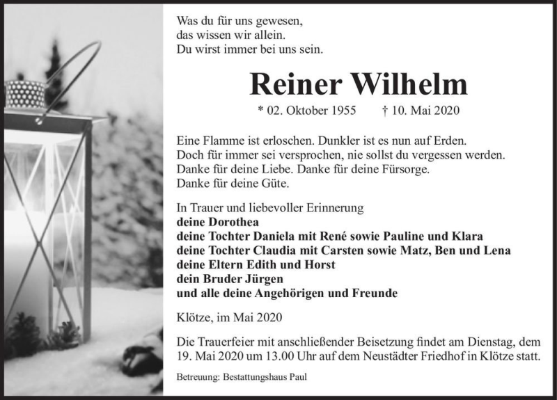 Traueranzeige für Reiner Wilhelm  vom 14.05.2020 aus Magdeburger Volksstimme