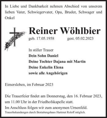 Traueranzeige von Reiner Wöhlbier  von Magdeburger Volksstimme