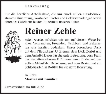 Traueranzeige von Reiner Zehle  von Magdeburger Volksstimme