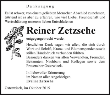 Traueranzeige von Reiner Zetzsche  von Magdeburger Volksstimme