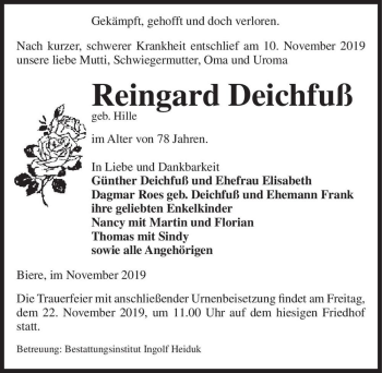 Traueranzeige von Reingard Deichfuß (geb. Hille)  von Magdeburger Volksstimme