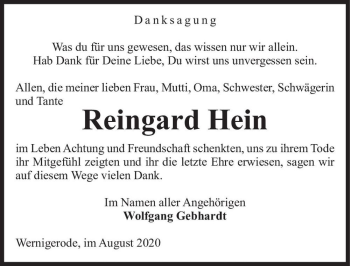 Traueranzeige von Reingard Hein  von Magdeburger Volksstimme