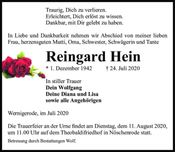 Traueranzeige von Reingard Hein  von Magdeburger Volksstimme