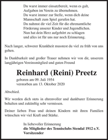 Traueranzeige von Reinhard (Reini) Preetz  von Magdeburger Volksstimme