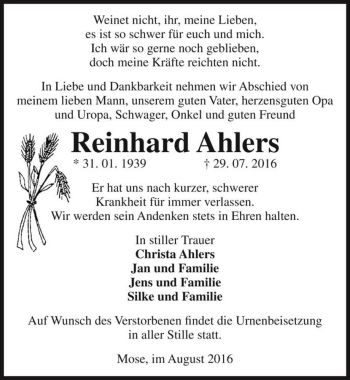 Traueranzeige von Reinhard Ahlers  von Magdeburger Volksstimme