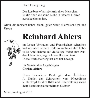 Traueranzeige von Reinhard Ahlers  von Magdeburger Volksstimme
