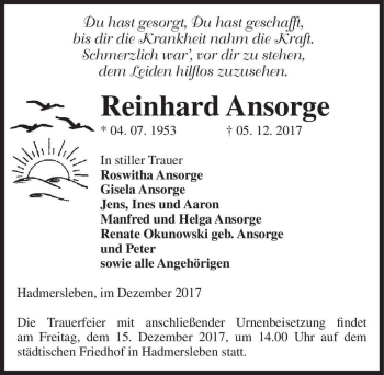 Traueranzeige von Reinhard Ansorge  von Magdeburger Volksstimme