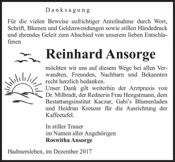 Traueranzeige von Reinhard Ansorge  von Magdeburger Volksstimme