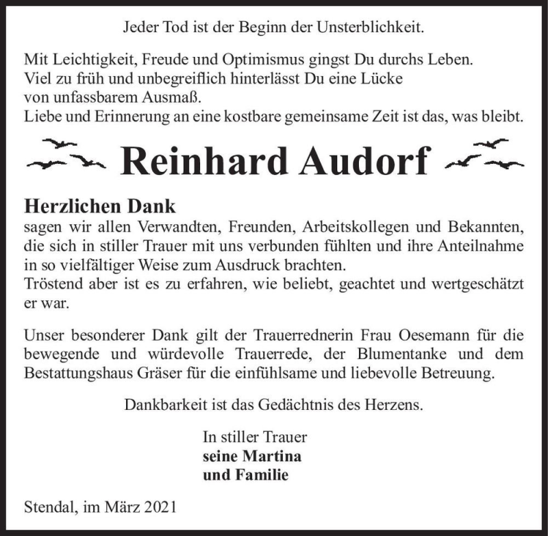  Traueranzeige für Reinhard Audorf  vom 26.03.2021 aus Magdeburger Volksstimme
