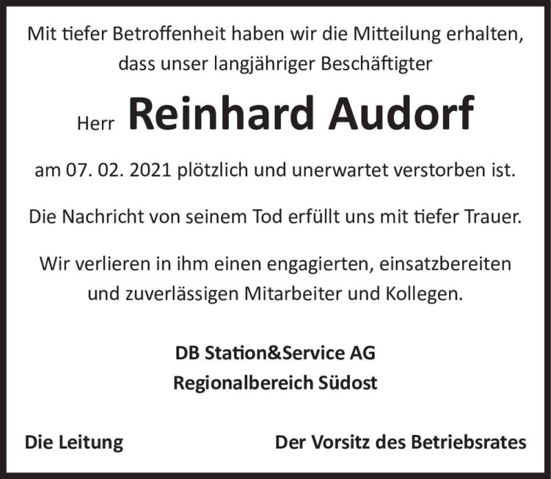  Traueranzeige für Reinhard Audorf  vom 04.03.2021 aus Magdeburger Volksstimme