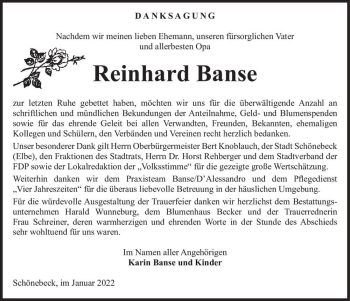Traueranzeige von Reinhard Banse  von Magdeburger Volksstimme