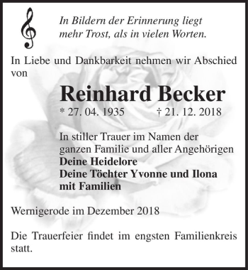 Traueranzeige von Reinhard Becker  von Magdeburger Volksstimme