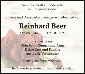 Traueranzeige von Reinhard Beer  von Magdeburger Volksstimme