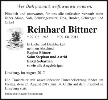 Traueranzeige von Reinhard Bittner  von Magdeburger Volksstimme