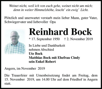 Traueranzeige von Reinhard Bock  von Magdeburger Volksstimme
