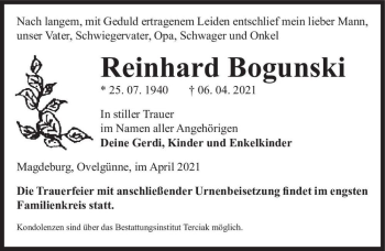 Traueranzeige von Reinhard Bogungski  von Magdeburger Volksstimme