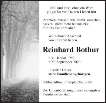 Traueranzeige von Reinhard Bothur  von Magdeburger Volksstimme
