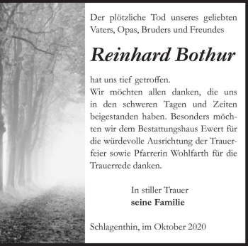 Traueranzeige von Reinhard Bothur  von Magdeburger Volksstimme