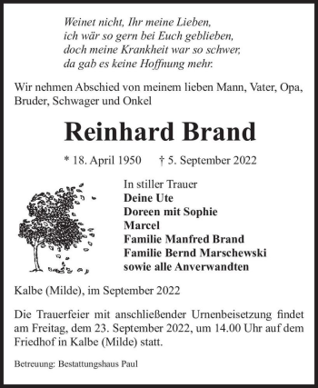 Traueranzeige von Reinhard Brand  von Magdeburger Volksstimme