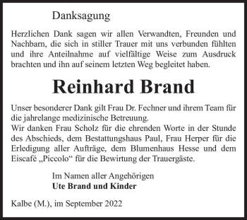 Traueranzeige von Reinhard Brand  von Magdeburger Volksstimme