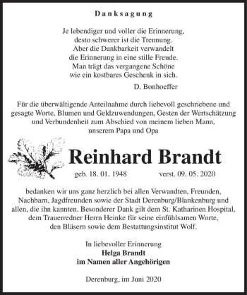 Traueranzeige von Reinhard Brandt  von Magdeburger Volksstimme