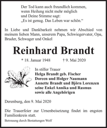 Traueranzeige von Reinhard Brandt  von Magdeburger Volksstimme