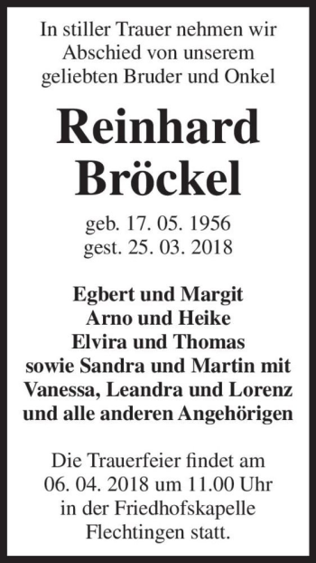 Traueranzeige von Reinhard Bröckel  von Magdeburger Volksstimme