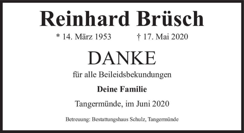  Traueranzeige für Reinhard Brüsch  vom 16.06.2020 aus Magdeburger Volksstimme