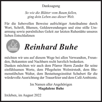 Traueranzeige von Reinhard Buhe  von Magdeburger Volksstimme