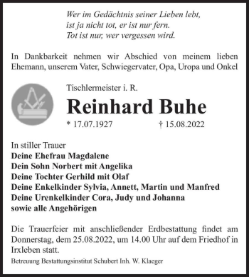 Traueranzeige von Reinhard Buhe  von Magdeburger Volksstimme