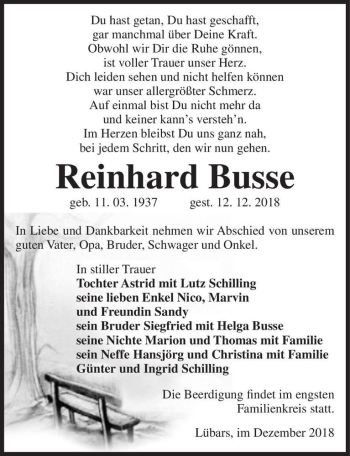 Traueranzeige von Reinhard Busse  von Magdeburger Volksstimme