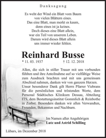 Traueranzeige von Reinhard Busse  von Magdeburger Volksstimme