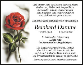 Traueranzeige von Reinhard Damme  von Magdeburger Volksstimme