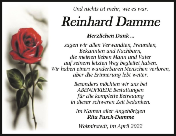 Traueranzeige von Reinhard Damme  von Magdeburger Volksstimme