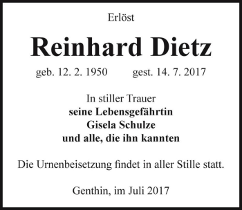 Traueranzeige von Reinhard Dietz  von Magdeburger Volksstimme