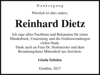 Traueranzeige von Reinhard Dietz  von Magdeburger Volksstimme