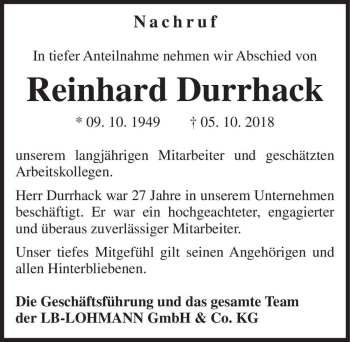 Traueranzeige von Reinhard Durrhack  von Magdeburger Volksstimme