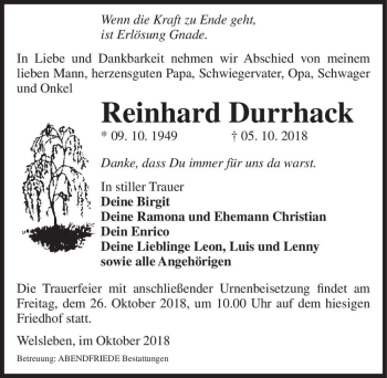 Traueranzeige von Reinhard Durrhack  von Magdeburger Volksstimme