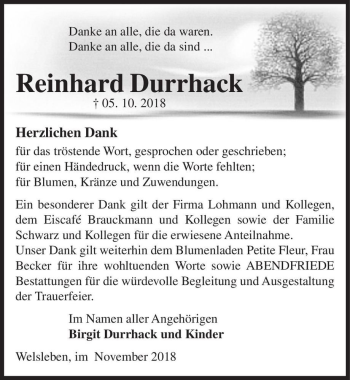 Traueranzeige von Reinhard Durrhack  von Magdeburger Volksstimme
