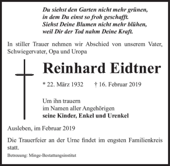 Traueranzeige von Reinhard Eidtner  von Magdeburger Volksstimme
