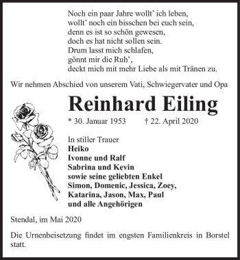 Traueranzeige von Reinhard Eiling  von Magdeburger Volksstimme