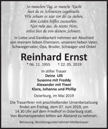 Traueranzeige von Reinhard Ernst  von Magdeburger Volksstimme