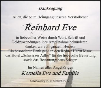 Traueranzeige von Reinhard Eve  von Magdeburger Volksstimme