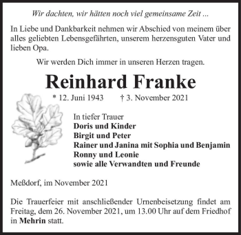 Traueranzeige von Reinhard Franke  von Magdeburger Volksstimme