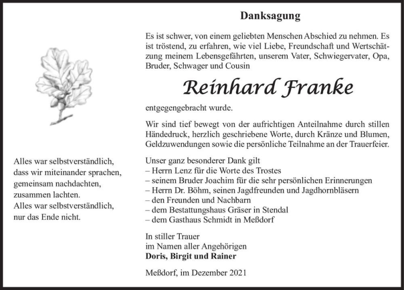  Traueranzeige für Reinhard Franke  vom 11.12.2021 aus Magdeburger Volksstimme