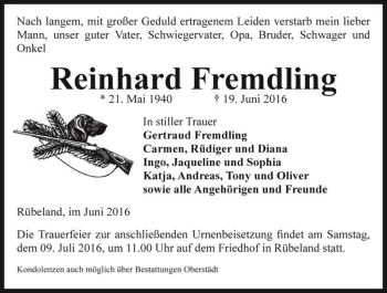 Traueranzeige von Reinhard Fremdling  von Magdeburger Volksstimme