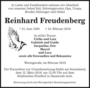 Traueranzeige von Reinhard Freudenberg  von Magdeburger Volksstimme