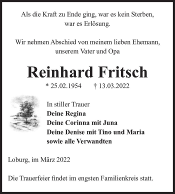 Traueranzeige von Reinhard Fritsch  von Magdeburger Volksstimme