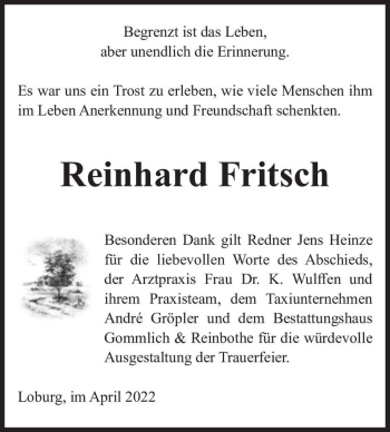 Traueranzeige von Reinhard Fritsch  von Magdeburger Volksstimme