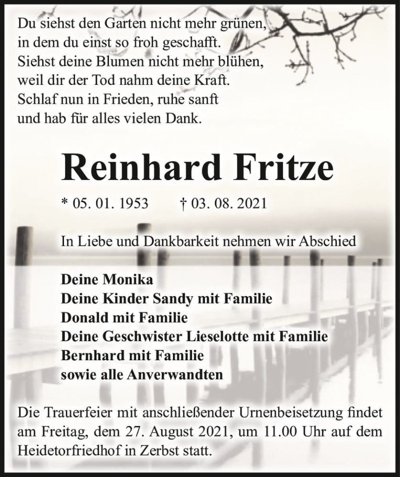  Traueranzeige für Reinhard Fritze  vom 07.08.2021 aus Magdeburger Volksstimme